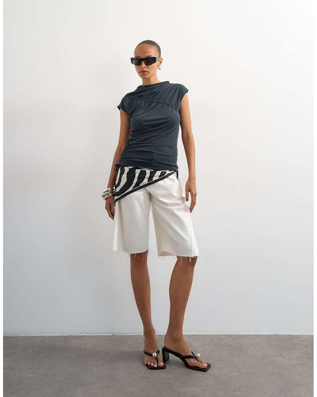 TOPSHOP Blue Cupro Ruched Asymmetric Top
