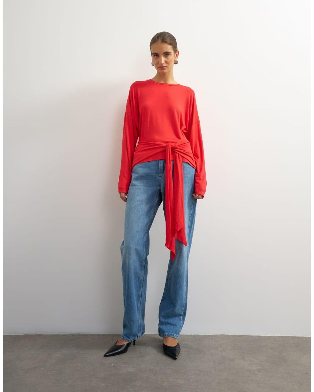 TOPSHOP Red Long Sleeve Knot Front Drapey Top