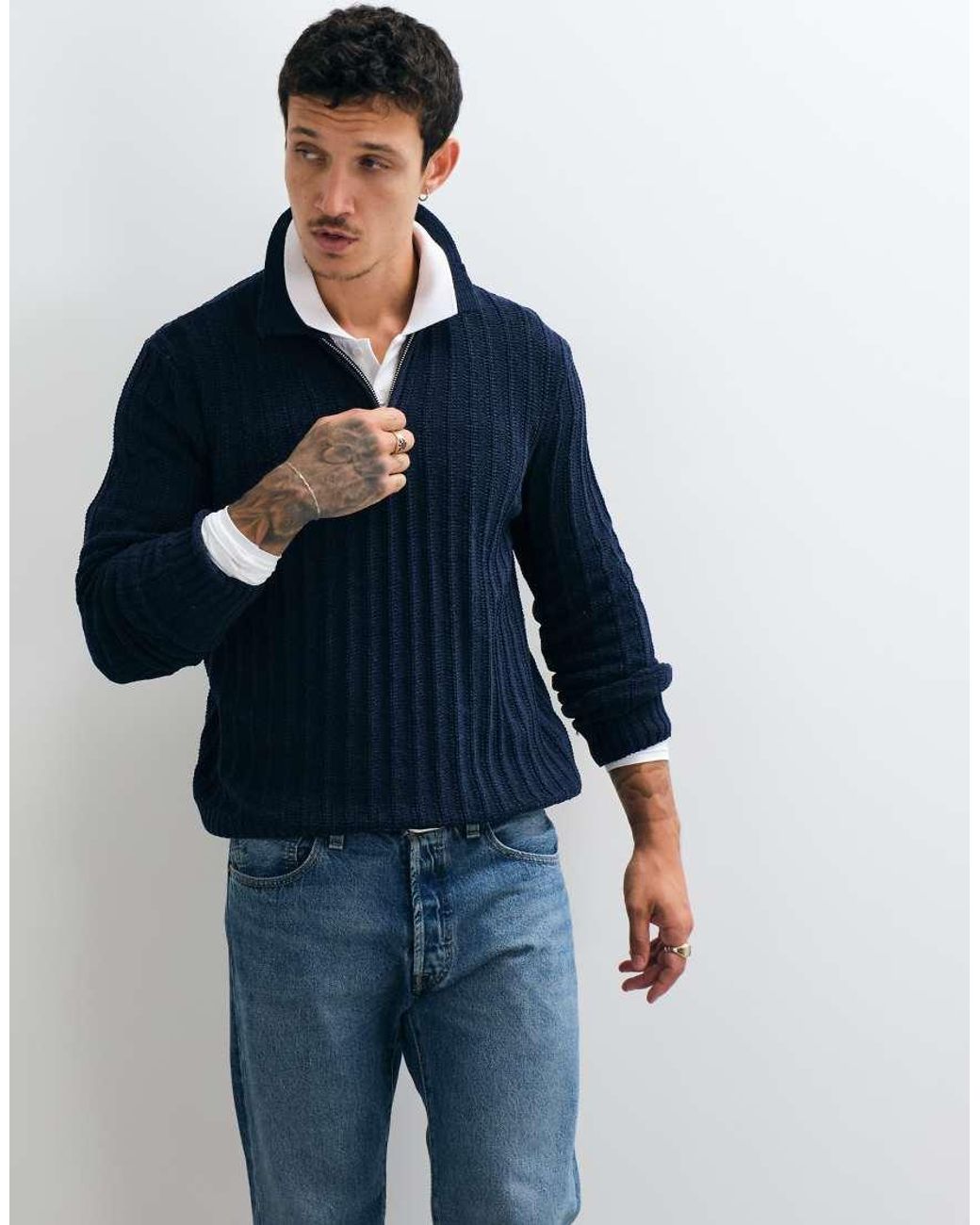 Only & Sons Blue Half Zip Ribbed Knitted Polo Dak Dark for men