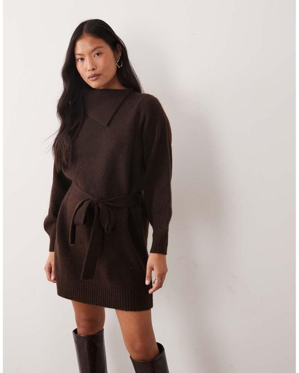 Vero Moda Black Long Sleeve Split Neck Knitted Mini Dress With Tie Waist