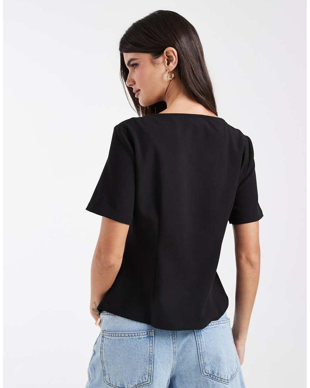 Vero Moda Black Asymmetric Hem Woven Top With Mandarin- Style Fastening