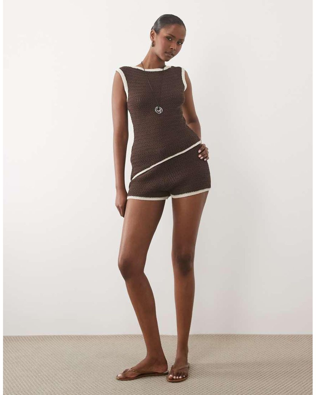 ASOS Brown Knitted Cinched Crochet Asymmetric Top Co Ord