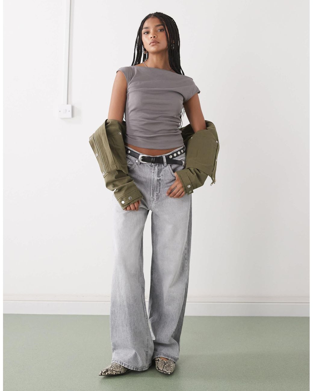 Weekday Gray Semi Sheer Drape Neck Top