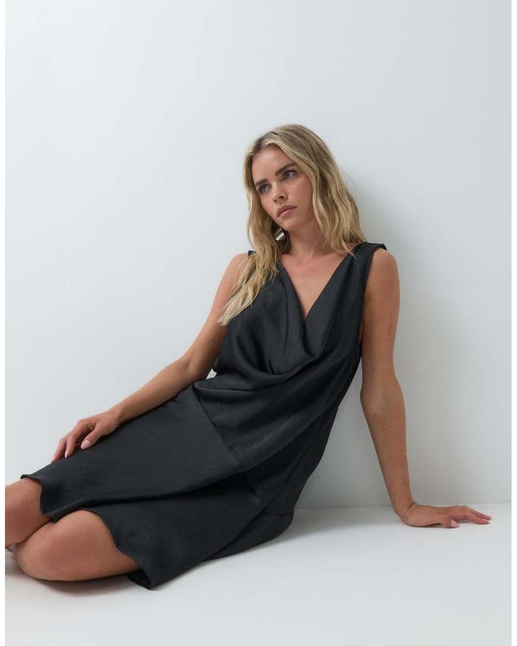 Vero Moda Black Satin Waterfall Mini Dress With Waist Detail