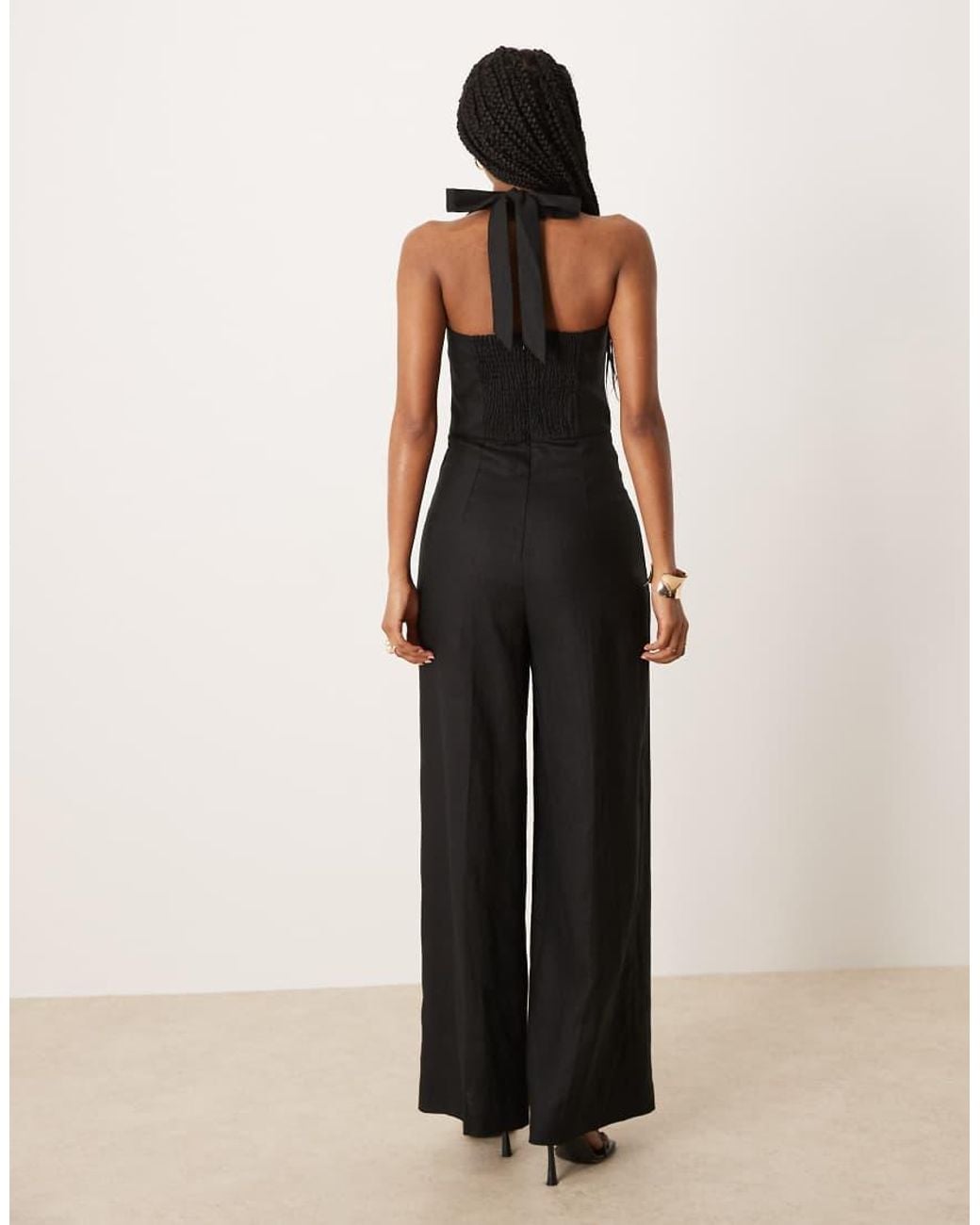 Mango Black Square Neck Halter Pleat Front Jumpsuit