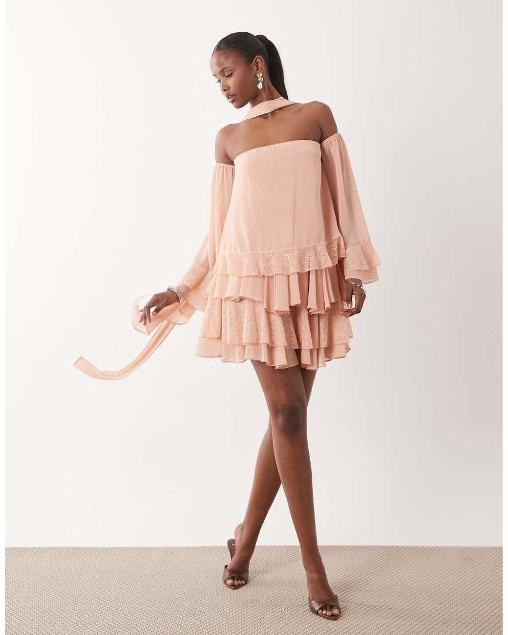 TFNC London Pink Bardot Chiffon Lace Mini Dress With Scarf