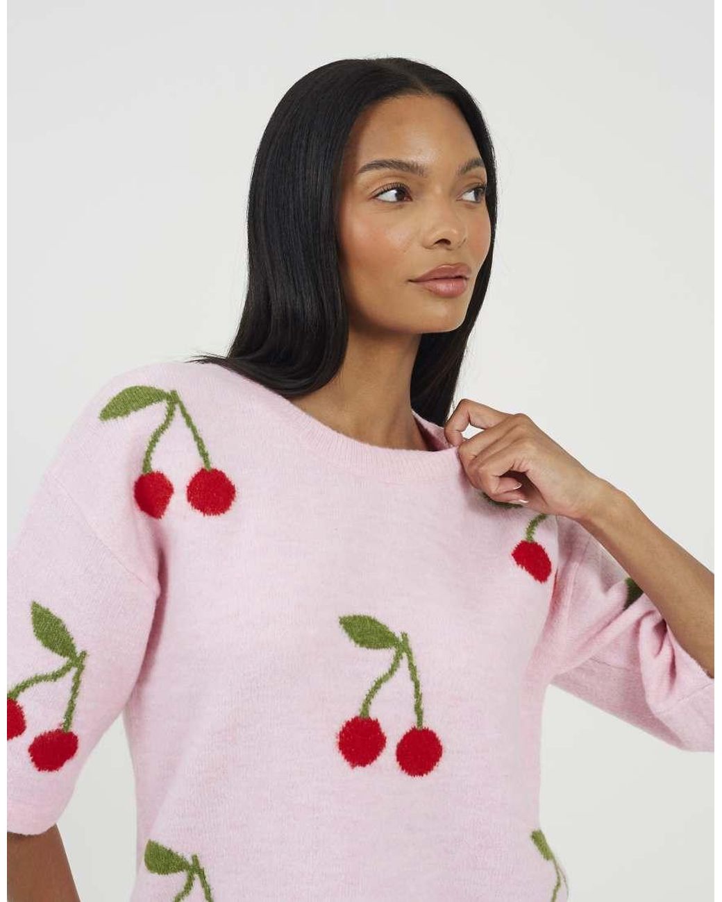 Brave Soul Pink Short Sleeve Cherry Jacquard Knit Jumper