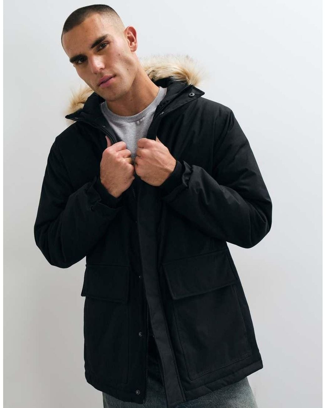 French Connection Blue Faux Fur Hood Detail Padded Parka Jacket for men