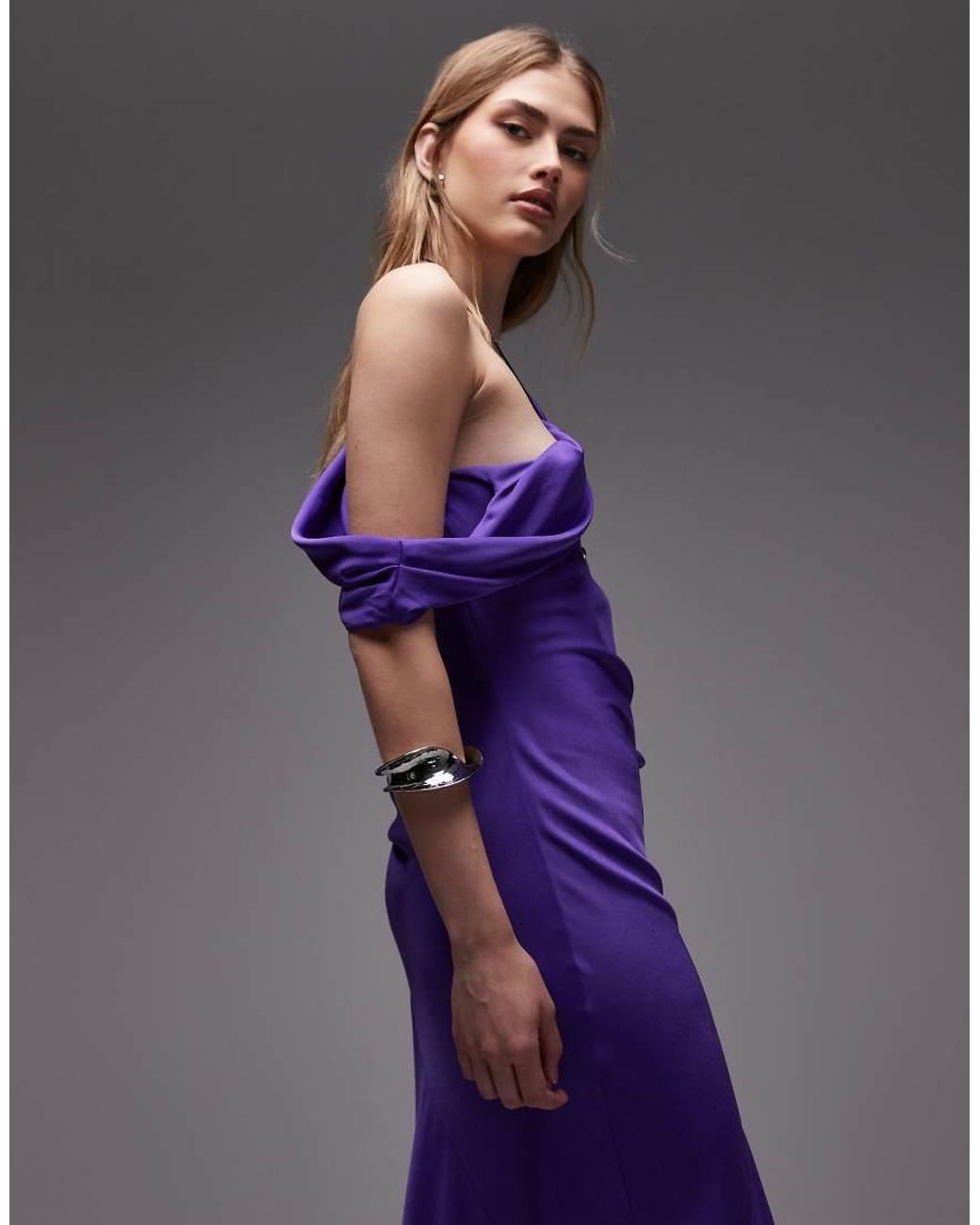 ASOS Purple Satin Maxi Dress With Cowl Front And Draped Sleeve