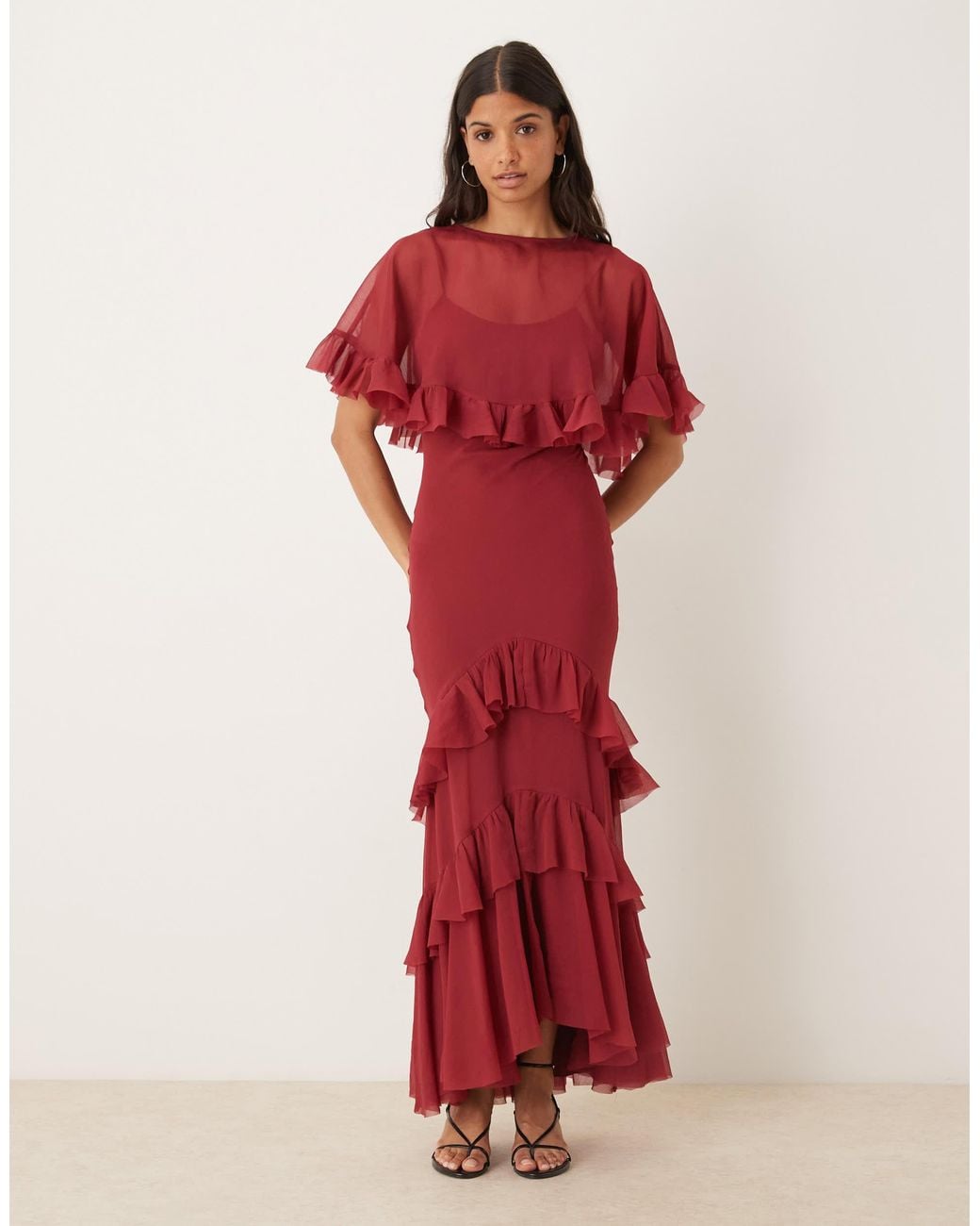 ASOS Cape Overlay Ruffle Bias Maxi Dress in Red | Lyst
