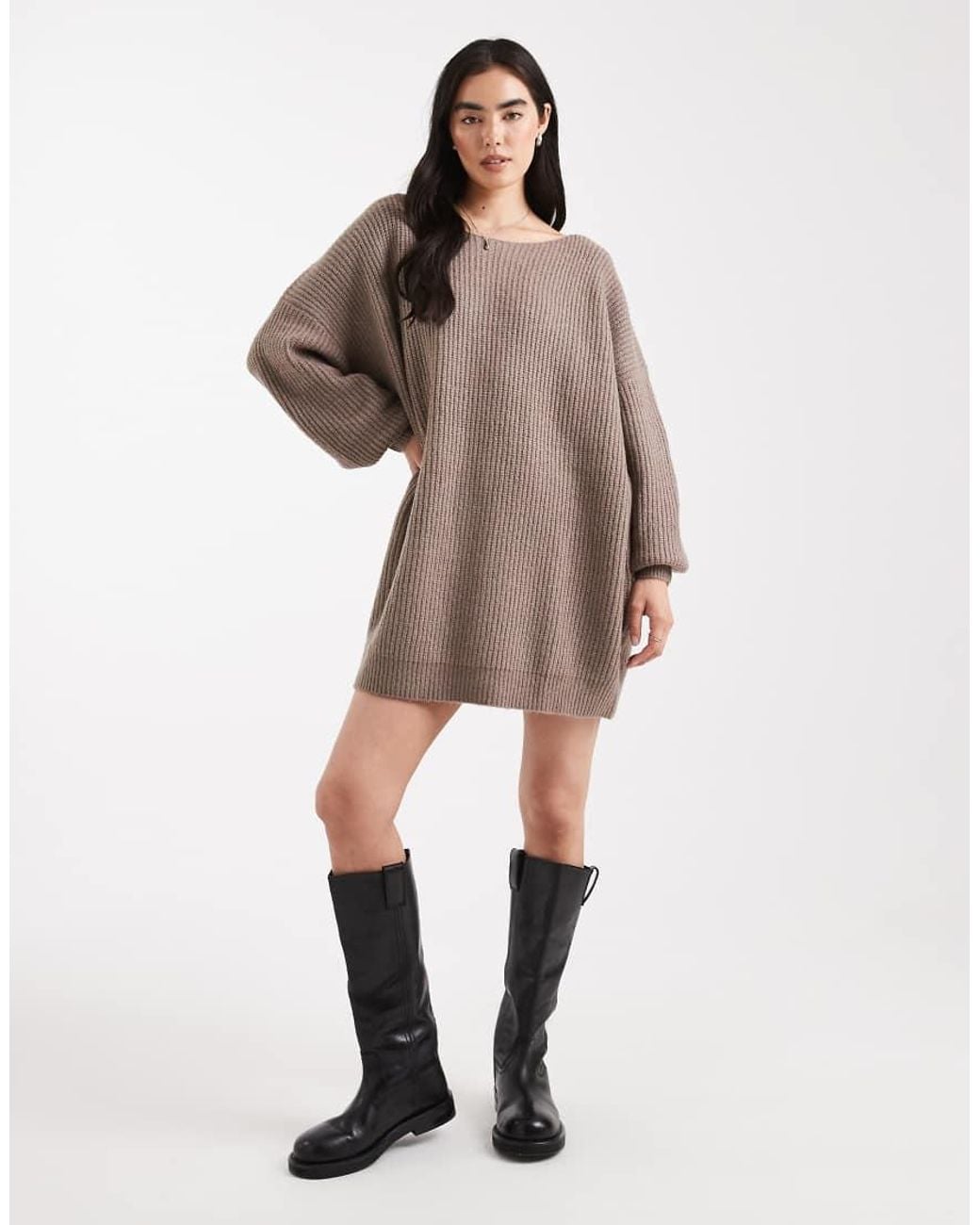 Miss Selfridge Natural Slash Neck Oversized Knit Mini Dress