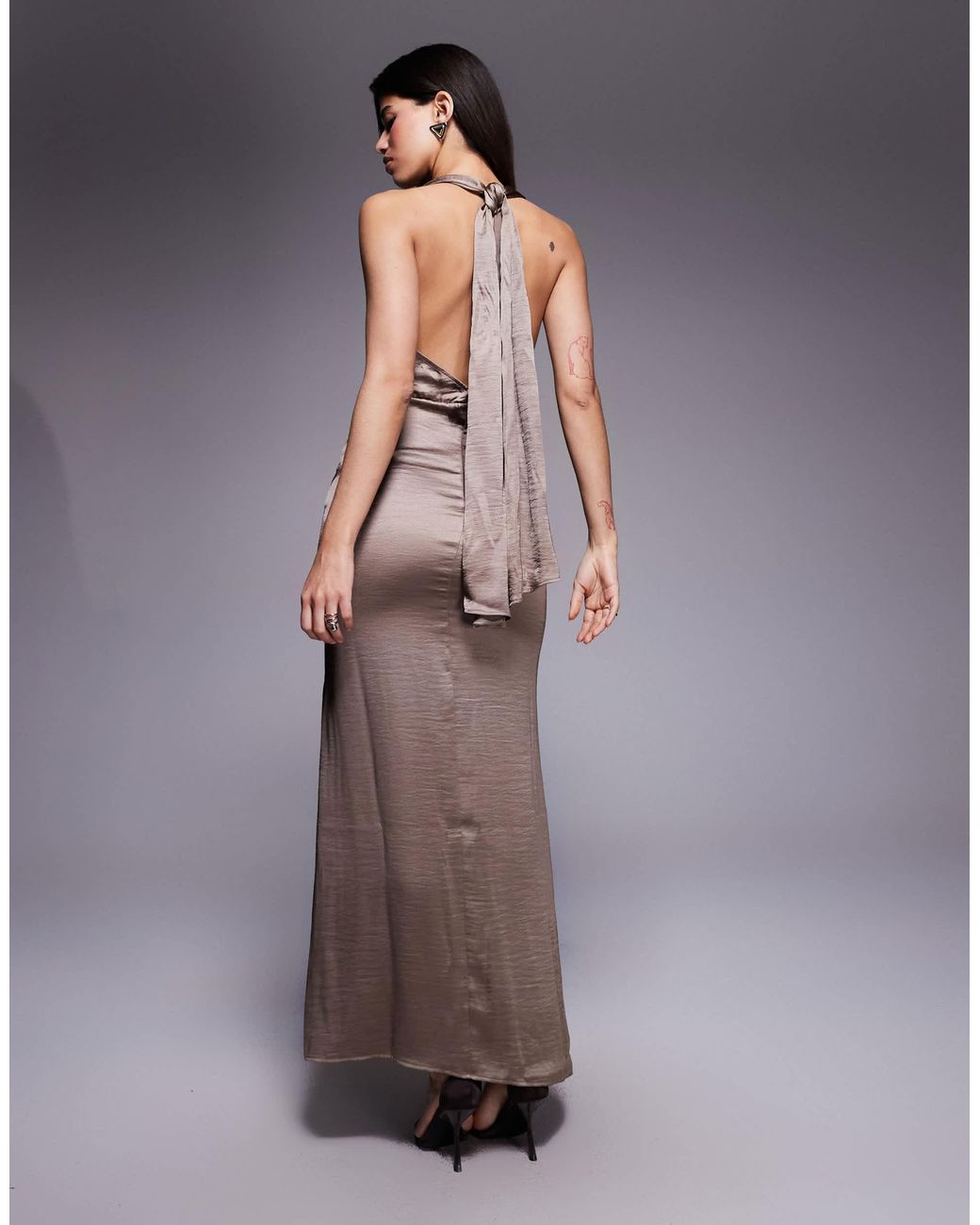 TFNC London Satin Deep V Halter Neck Knot Detail Drape Front Maxi Dress in  Brown | Lyst