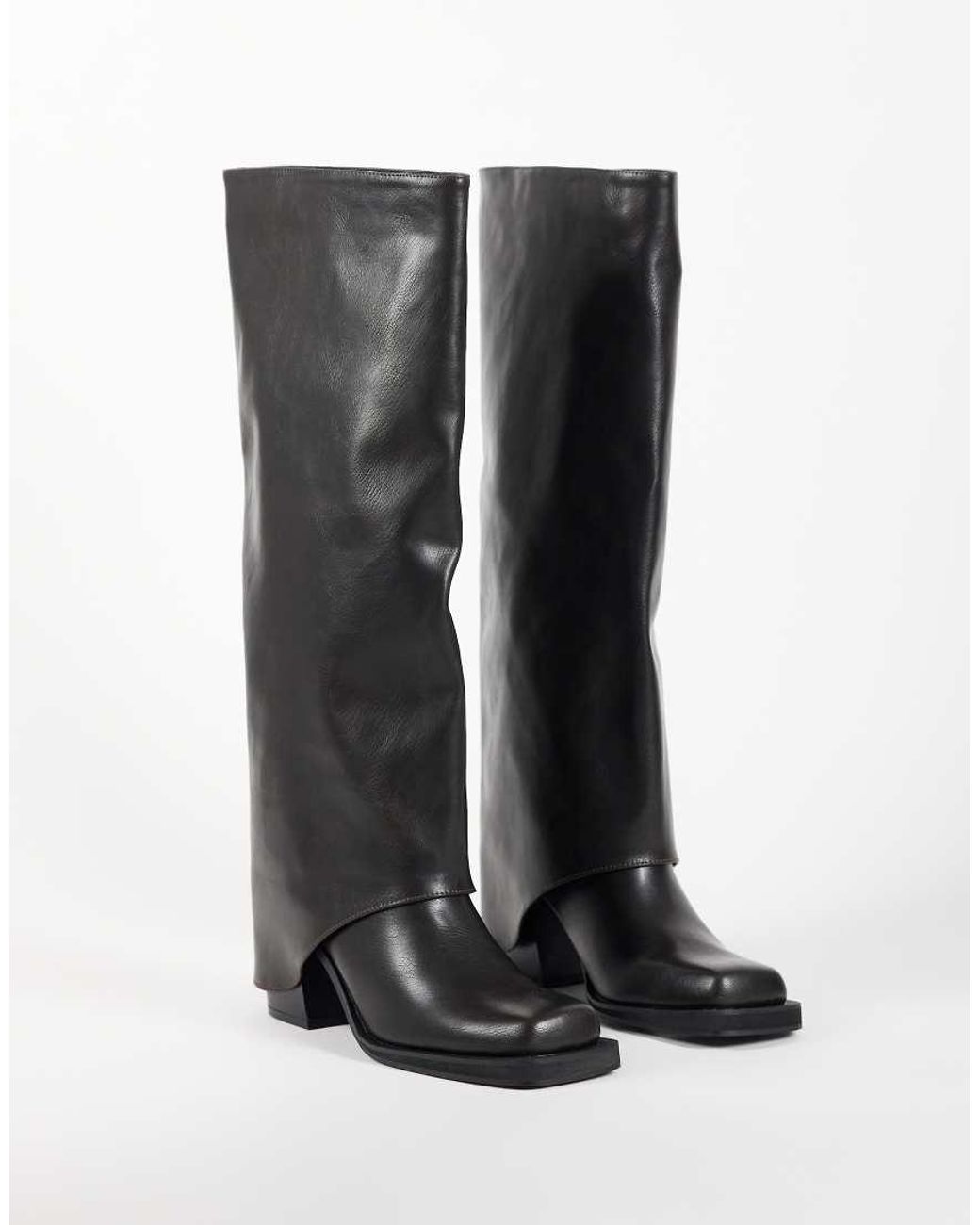 Public Desire Black Rocky Foldover Square Toe Knee Boots