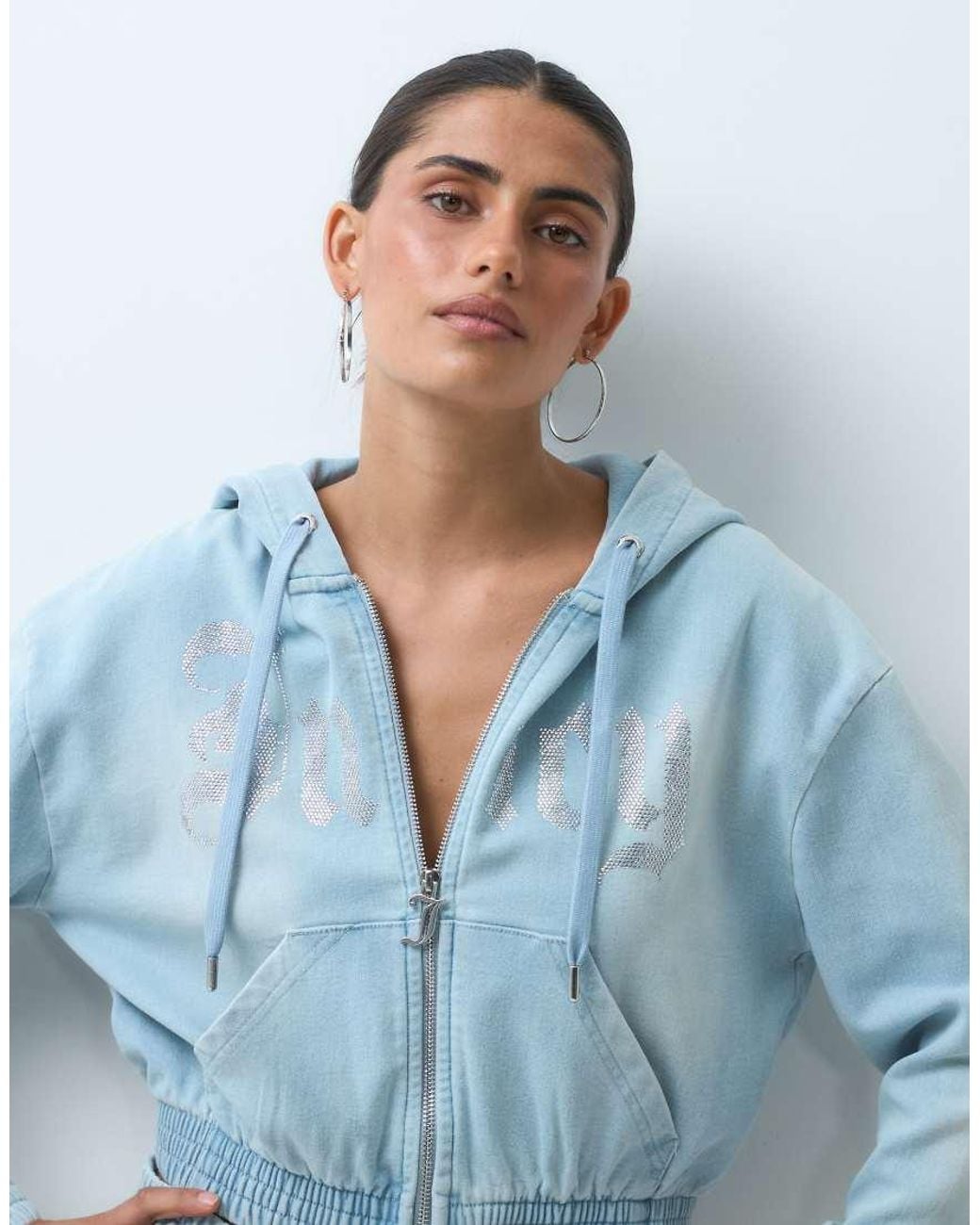 Juicy Couture Blue Iccle Washed Diamante Logo Zip Up Hoodie