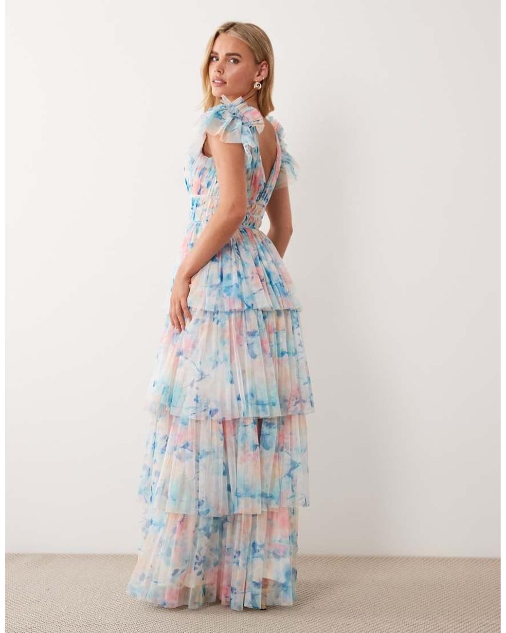 LACE & BEADS Blue Ruffle Shoulder Tiered Tulle Maxi Dress