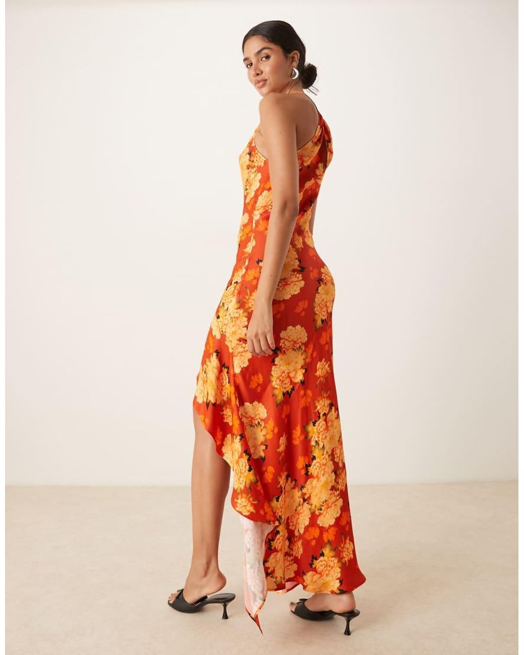 ASOS Orange Satin Slip Halter Neck Maxi Dress With Ruffle Hem Detail