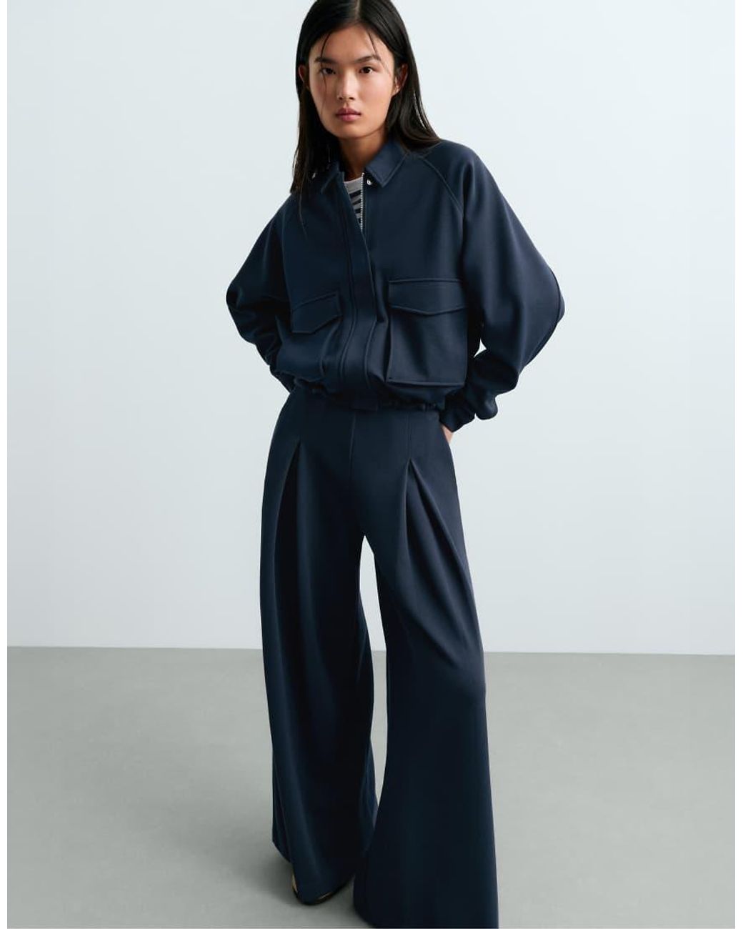 Oysho Blue Wide-Leg Pique Trousers With Cotton