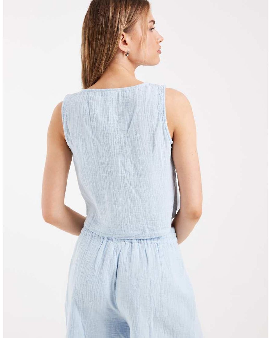 Pieces White Crinkle Cotton Sleeveless Tie Front Top