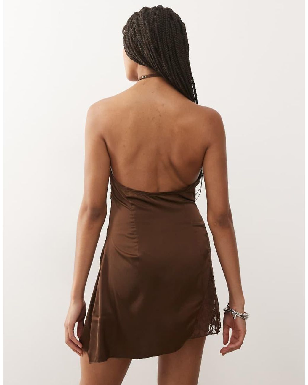 Lioness Brown Amore Satin Sheer Lace Bust Panelling Detail Halterneck Mini Dress