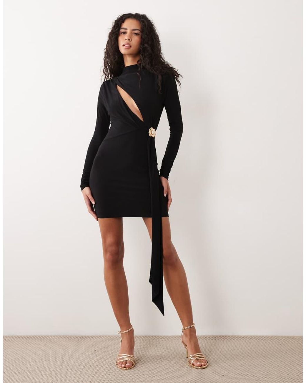 ASOS Black High Neck Mini Dress With Cut Out Gold Trim Detail And Long Sash