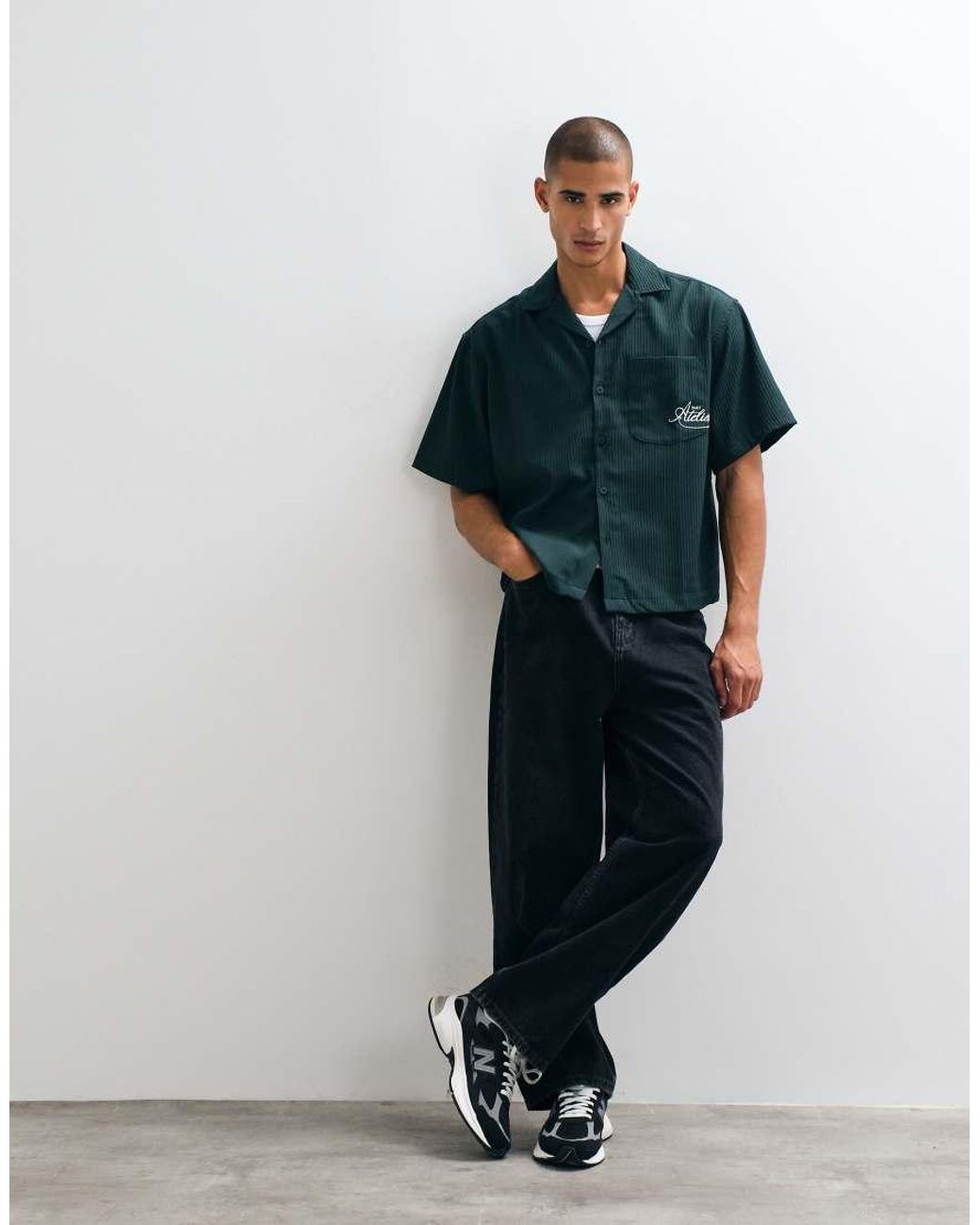 ASOS Blue Boxy Oversized Revere Ribbed Shirt With Pocket Embroidery for men