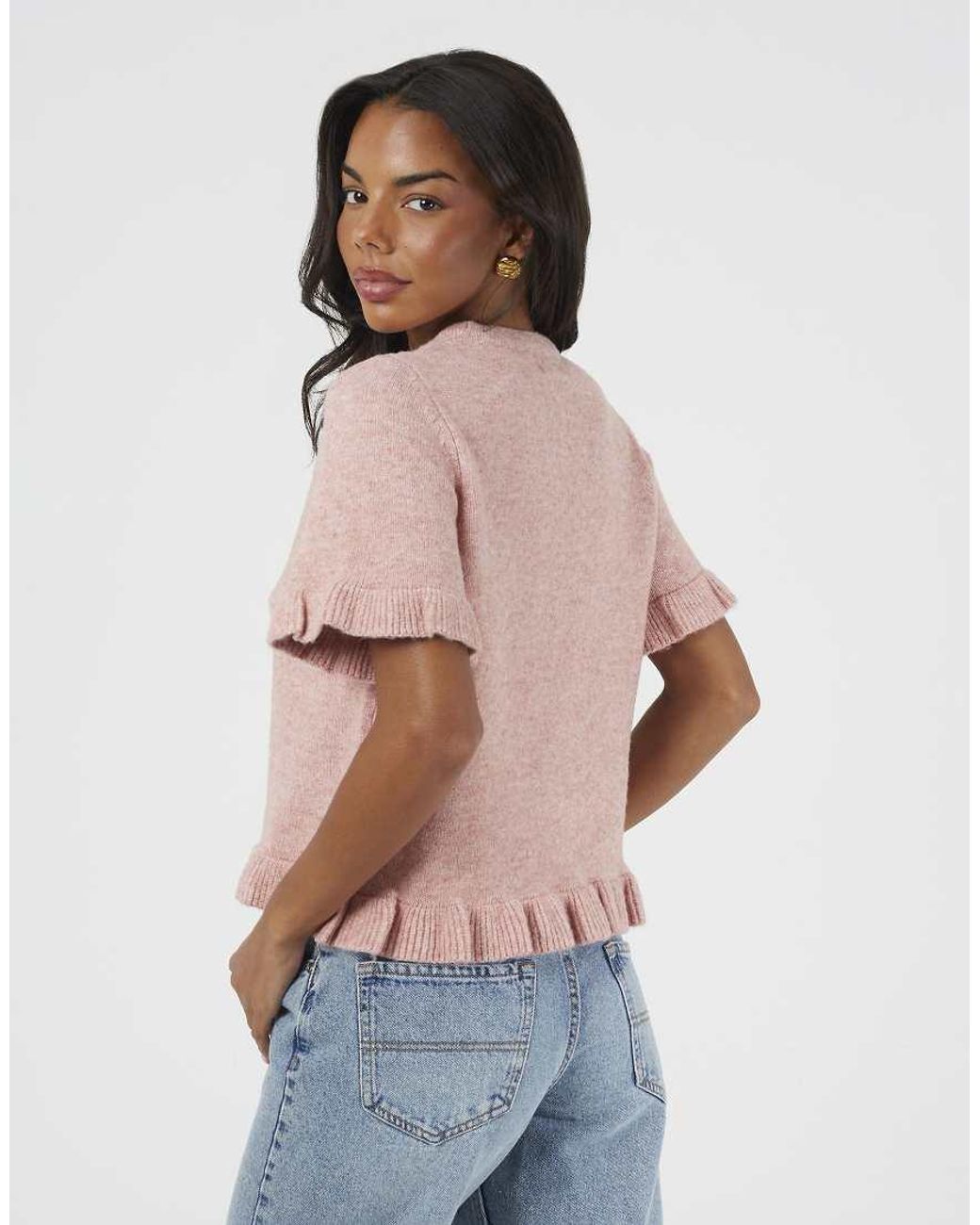 Brave Soul Gray Short Sleeve Knitted T-Shirt With Frill Detail