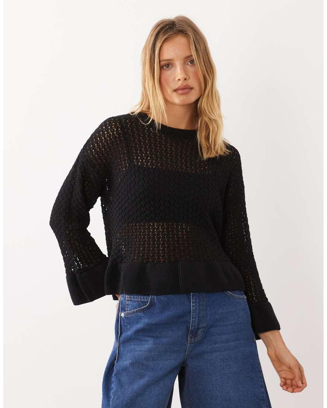 Miss Selfridge Blue Crochet Sweater With Peplum Hem And Sleeve