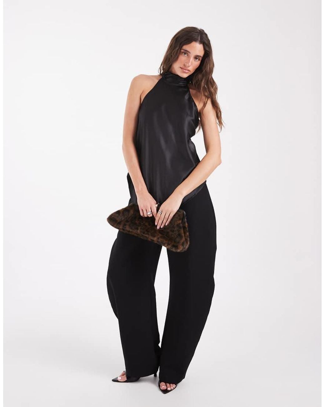 Pieces Black Halter Neck Asymmetric Hem Satin Top Co-ord