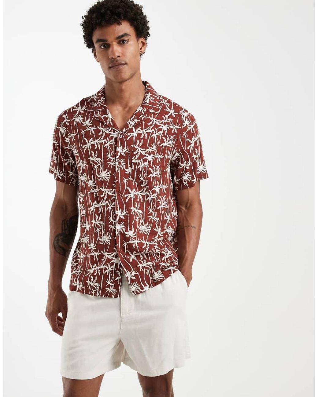 South Beach Red Palm Print Revere Shirt for men