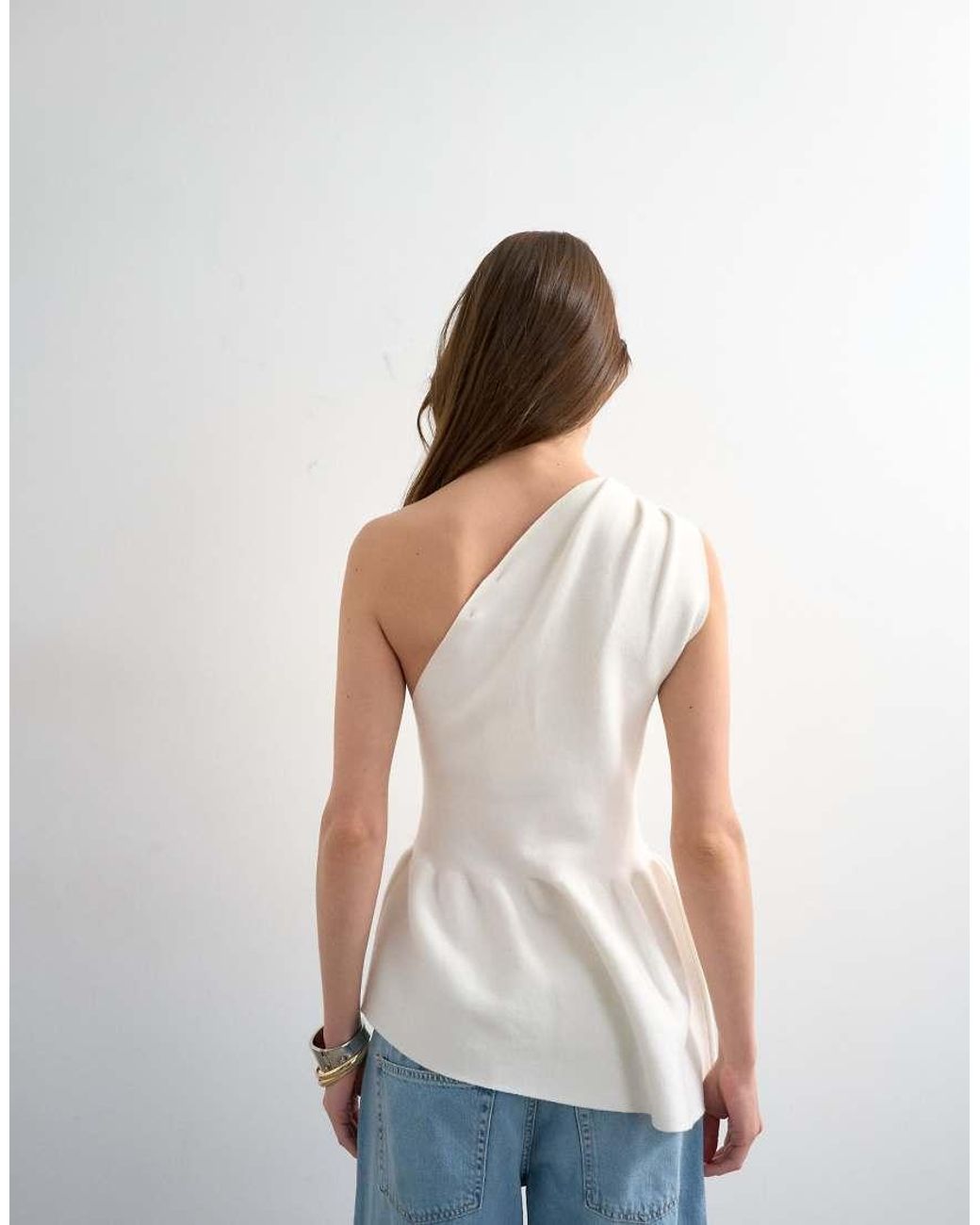 TOPSHOP Blue Knitted Compact Peplum One Shoulder Top