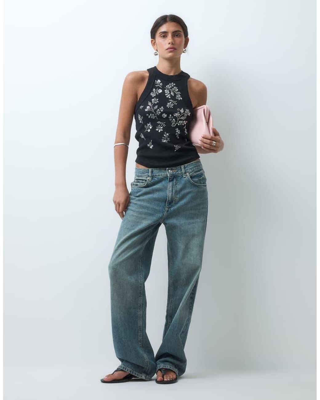 Miss Selfridge Black Festival Embellished Racer Vest Top