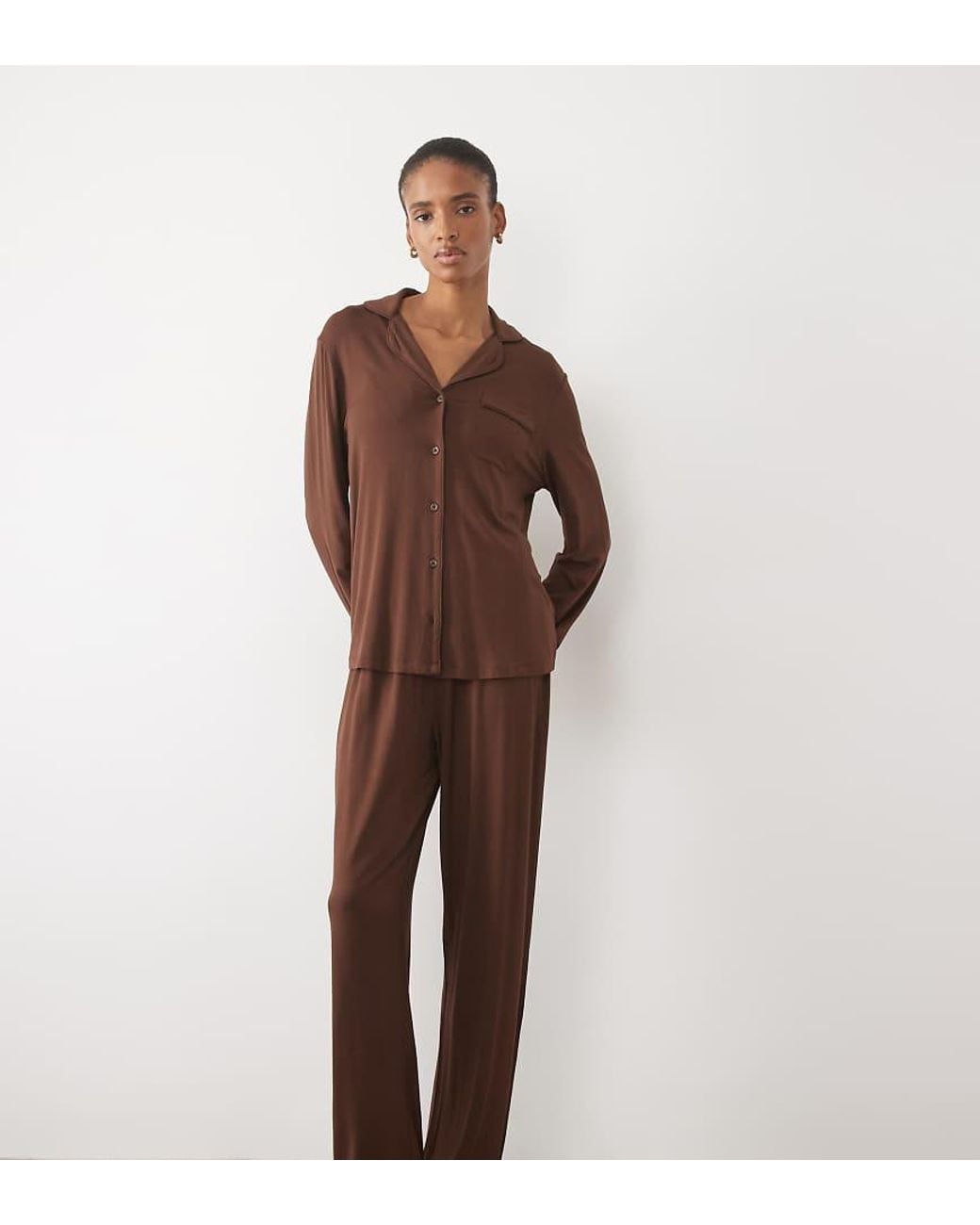 ASOS Brown Asos Design Tall Super Soft Long Sleeve Shirt & Pant Pyjama Set
