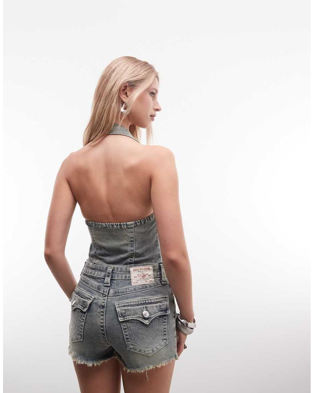True Religion Multicolor Jennie Denim Zip Up Halterneck Romper