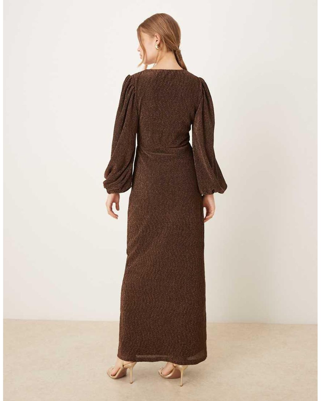 Pretty Lavish Brown Shimmer V Neck Balloon Sleeve Cut Out Maxi Dress