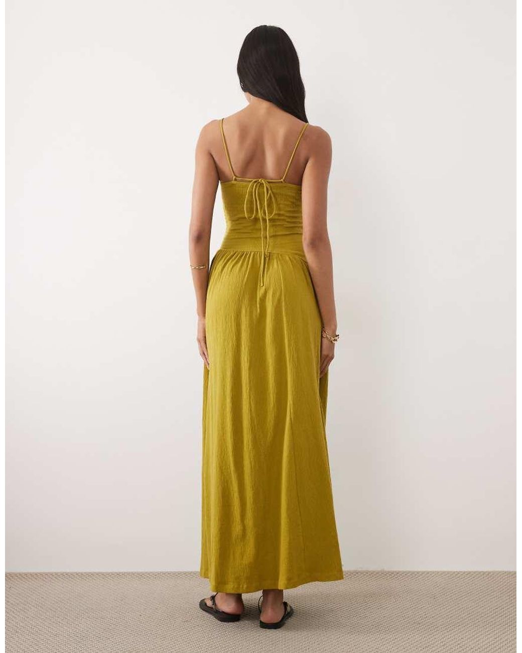 ASOS Green Crinkle Cami Tie Back Midi Dress With Asym Waist
