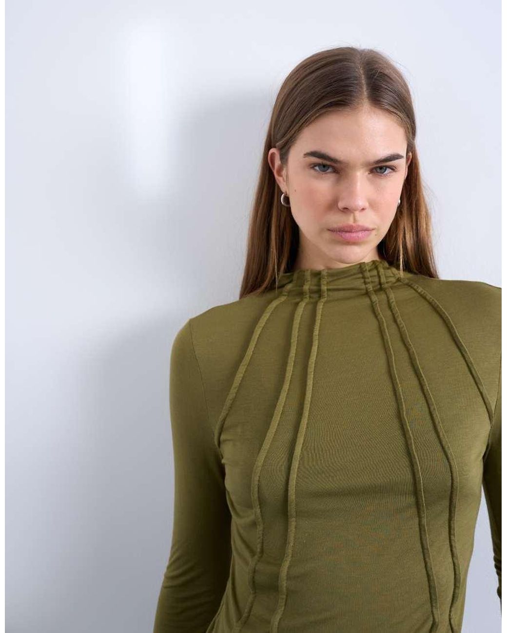 TOPSHOP Green High Neck Seam Detail Long Sleeve Top