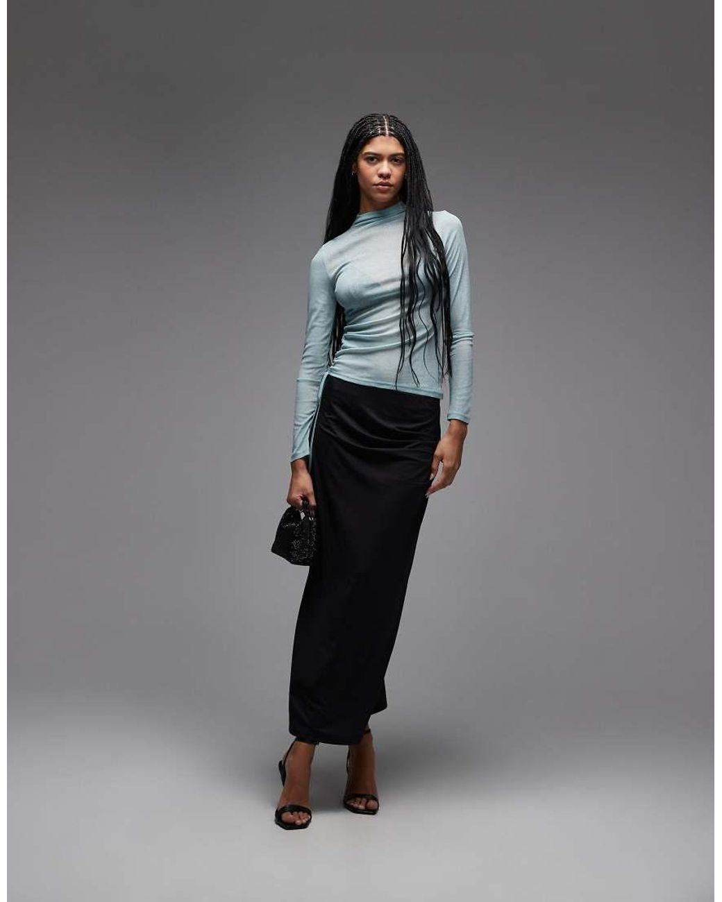 ASOS Gray Asos Dsign High Neck Semi Sheer Ruched Long Sleeve Top