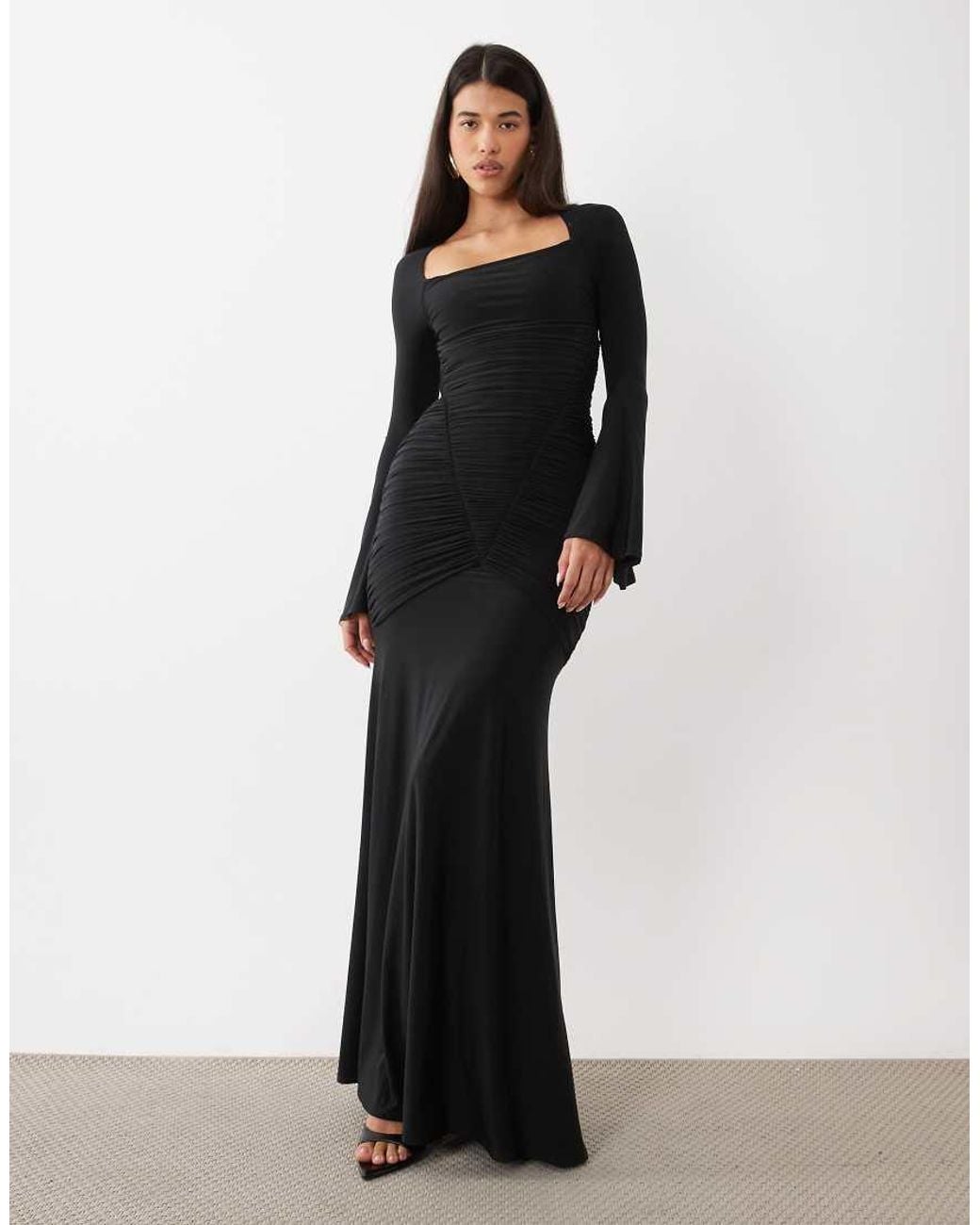ASOS Black Slinky Square Neck Maxi Dress With Ruched Bodice