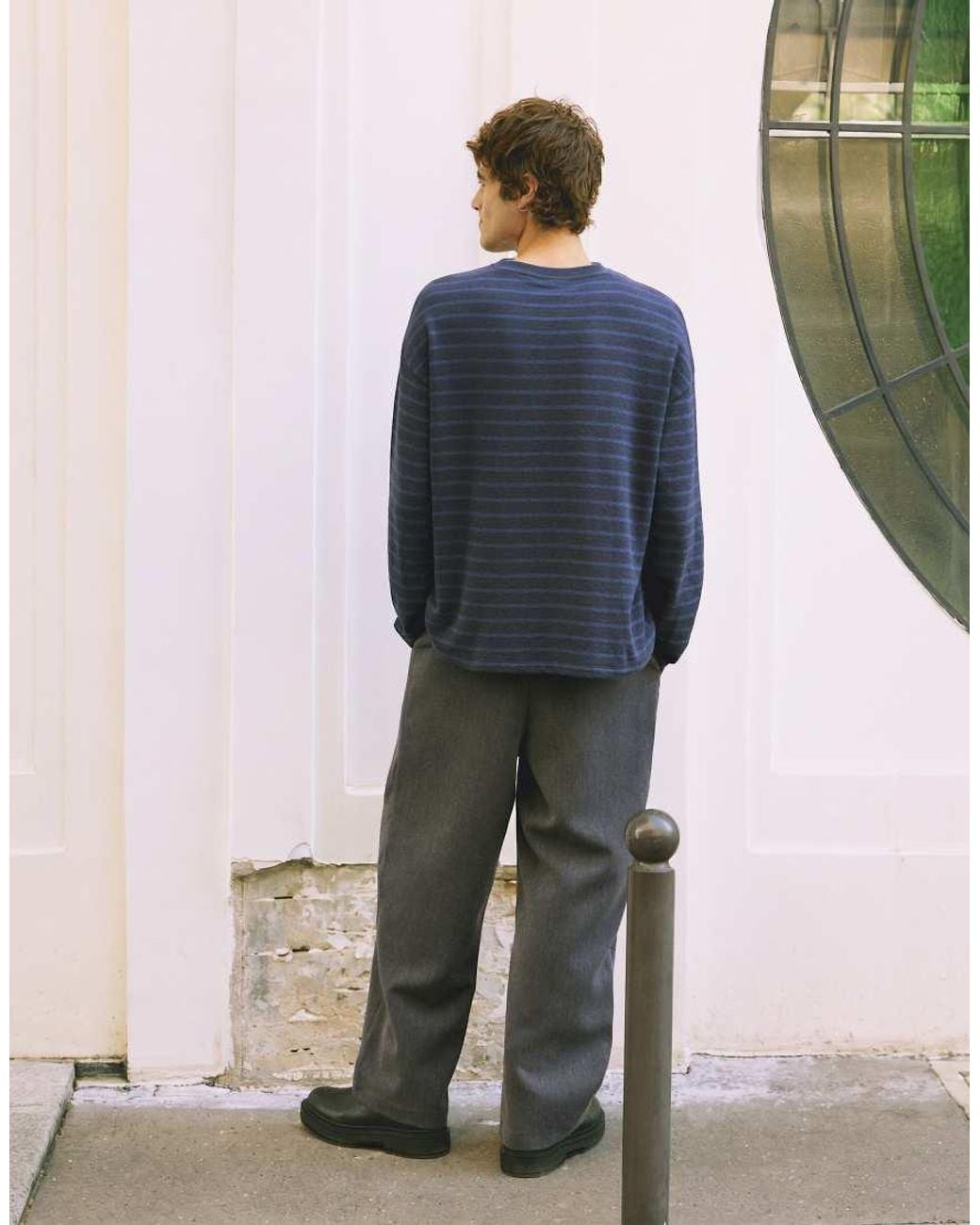 Pull&Bear Blue Long Sleeve Striped T-Shirt for men