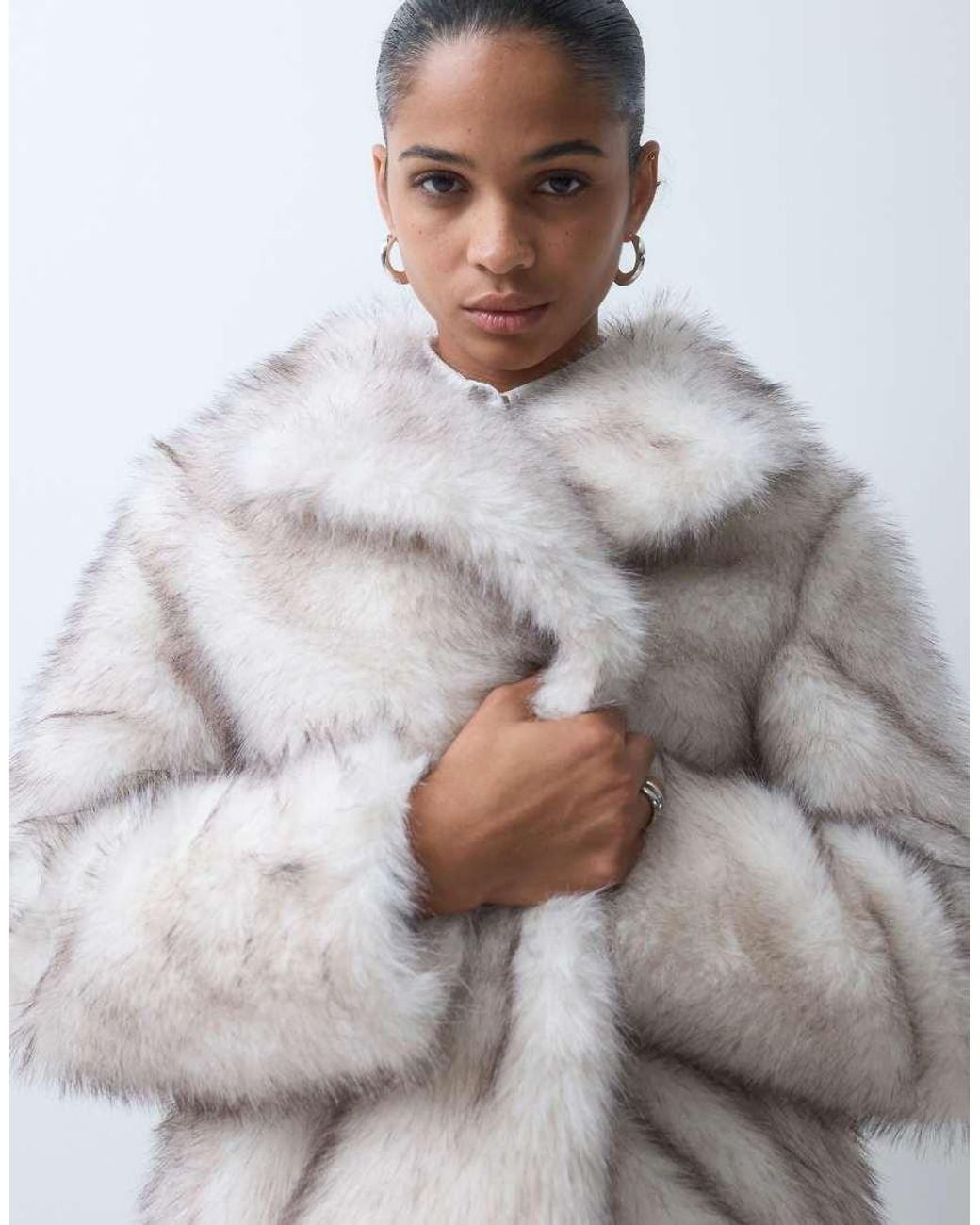 Forever New Gray Faux Fur Revere Collar Longline Coat
