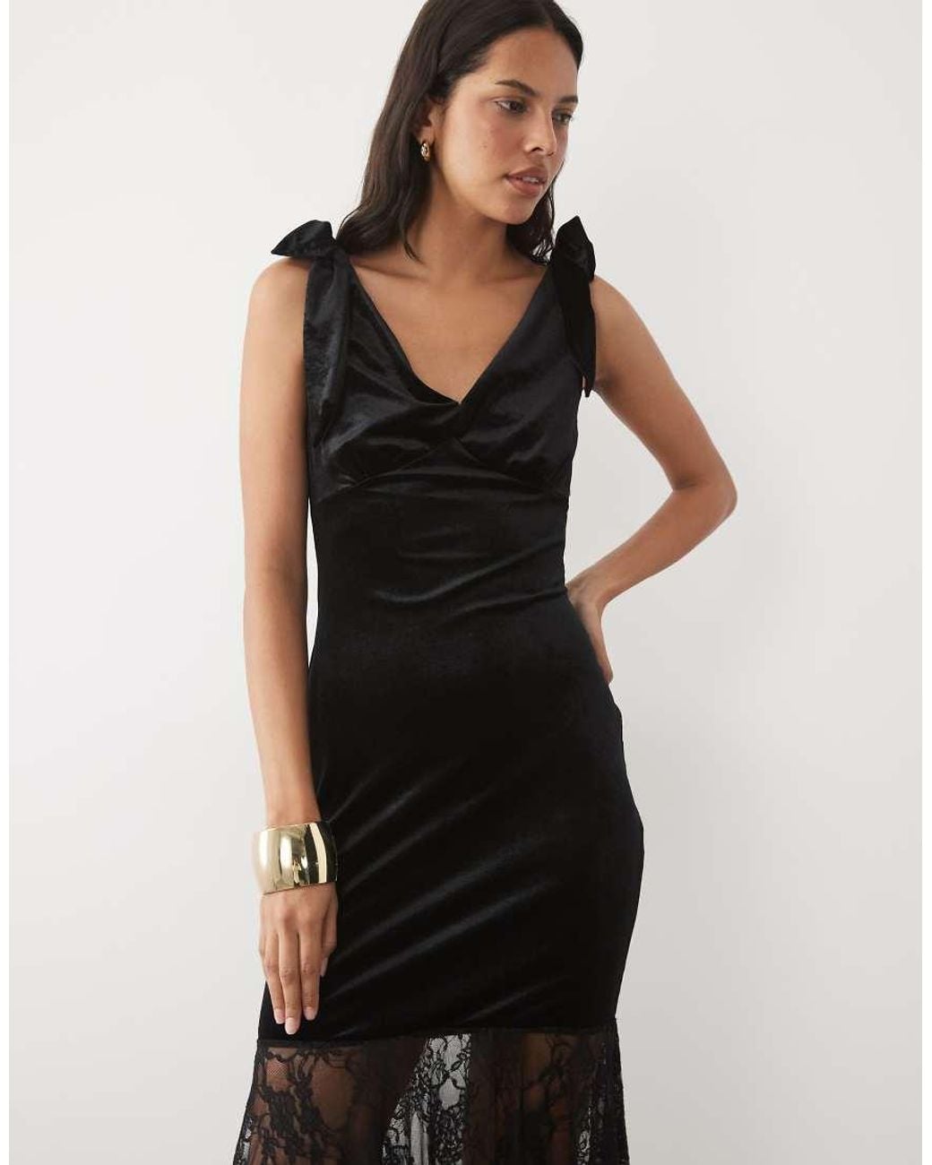New Look Black Bow Detail Velvet & Lace Mix Midi Dress