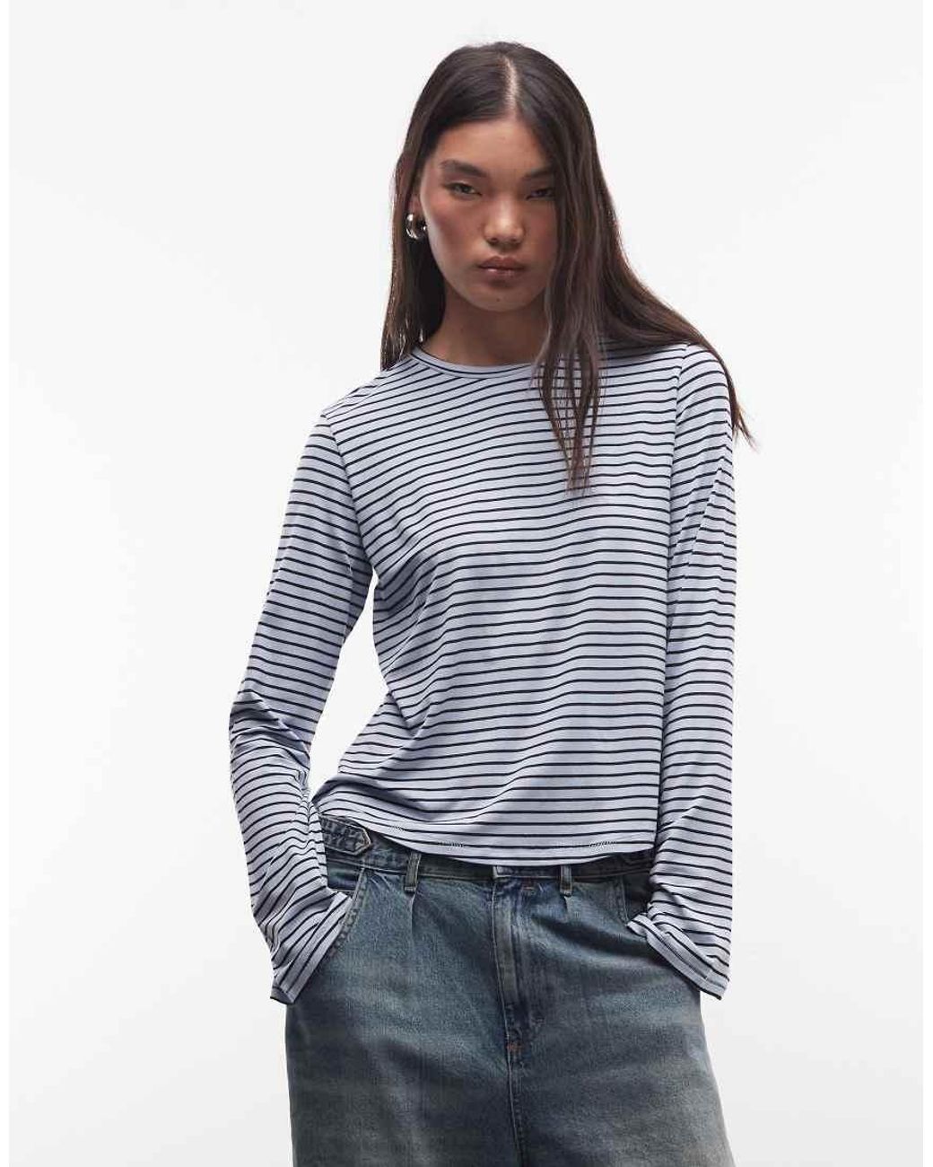 Monki Blue Long Fluted Sleeve Stripe Jersey Top