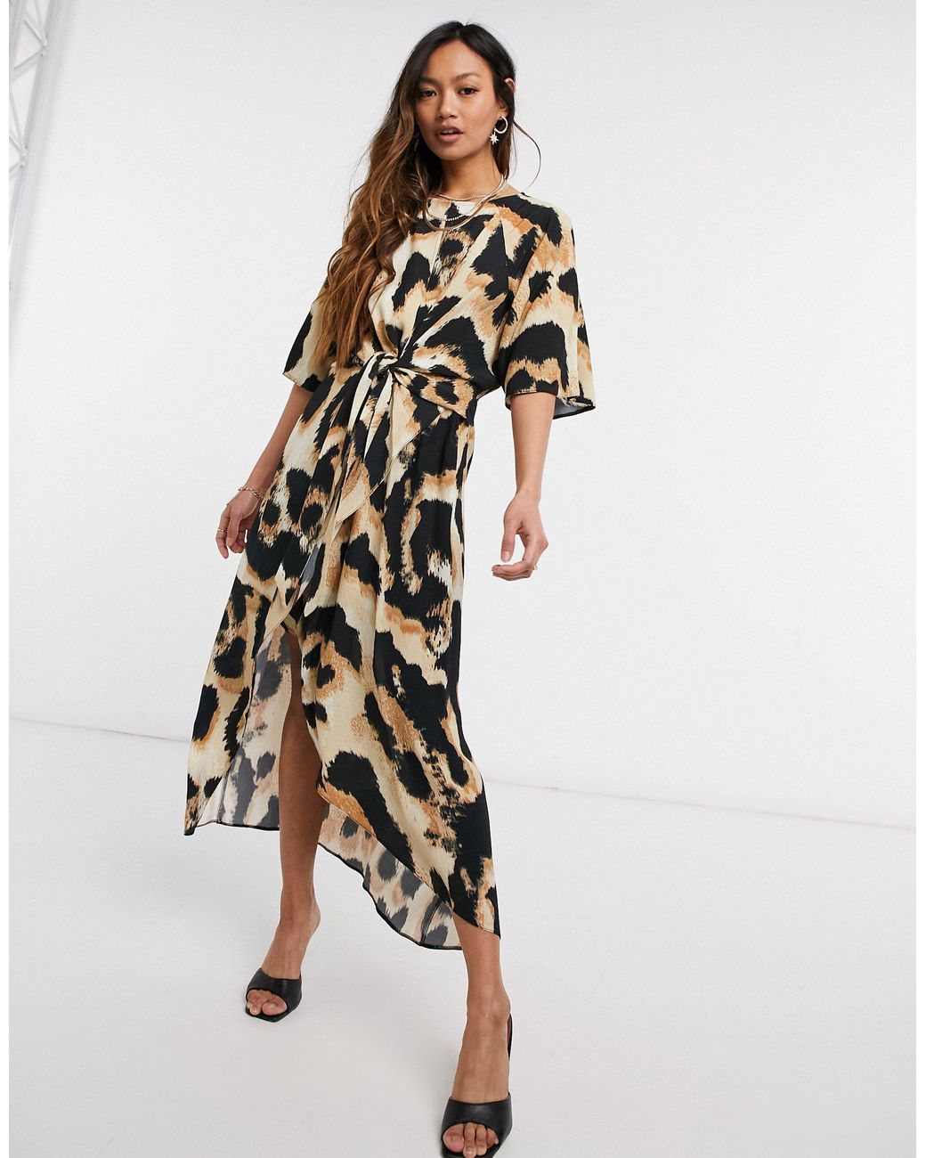 River Island Leopard Knot Front Wrap Midi Dress in Brown | Lyst