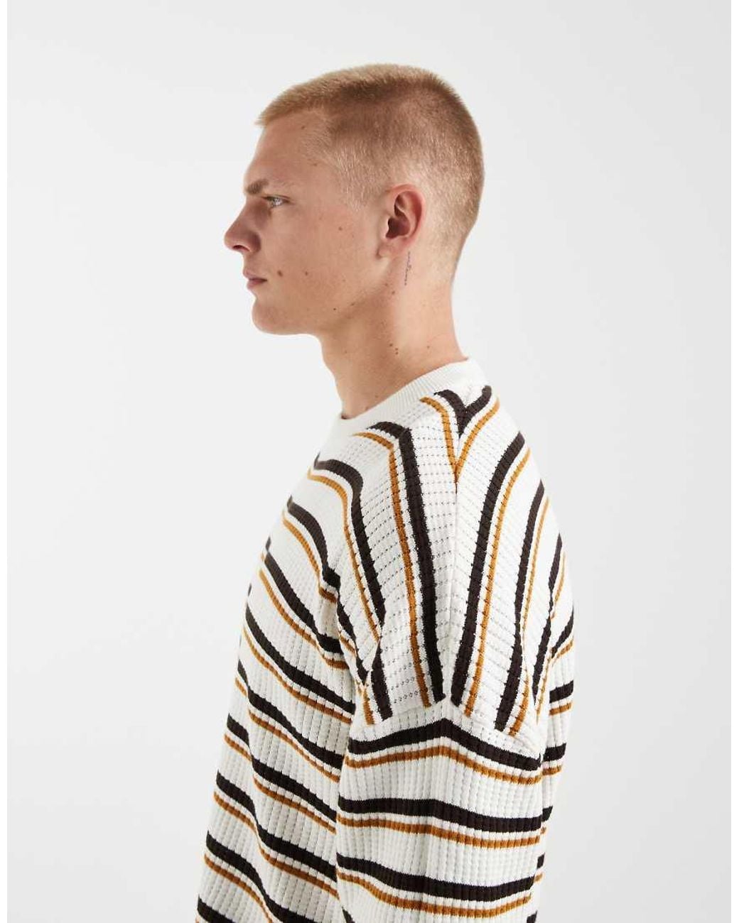 Redefined Rebel Gray Oversized Knitted Striped Jumper for men
