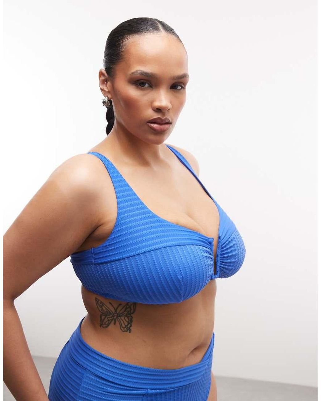 ASOS Blue Asos Design Curve Rory Spliced Rib V Wire Bikini Top