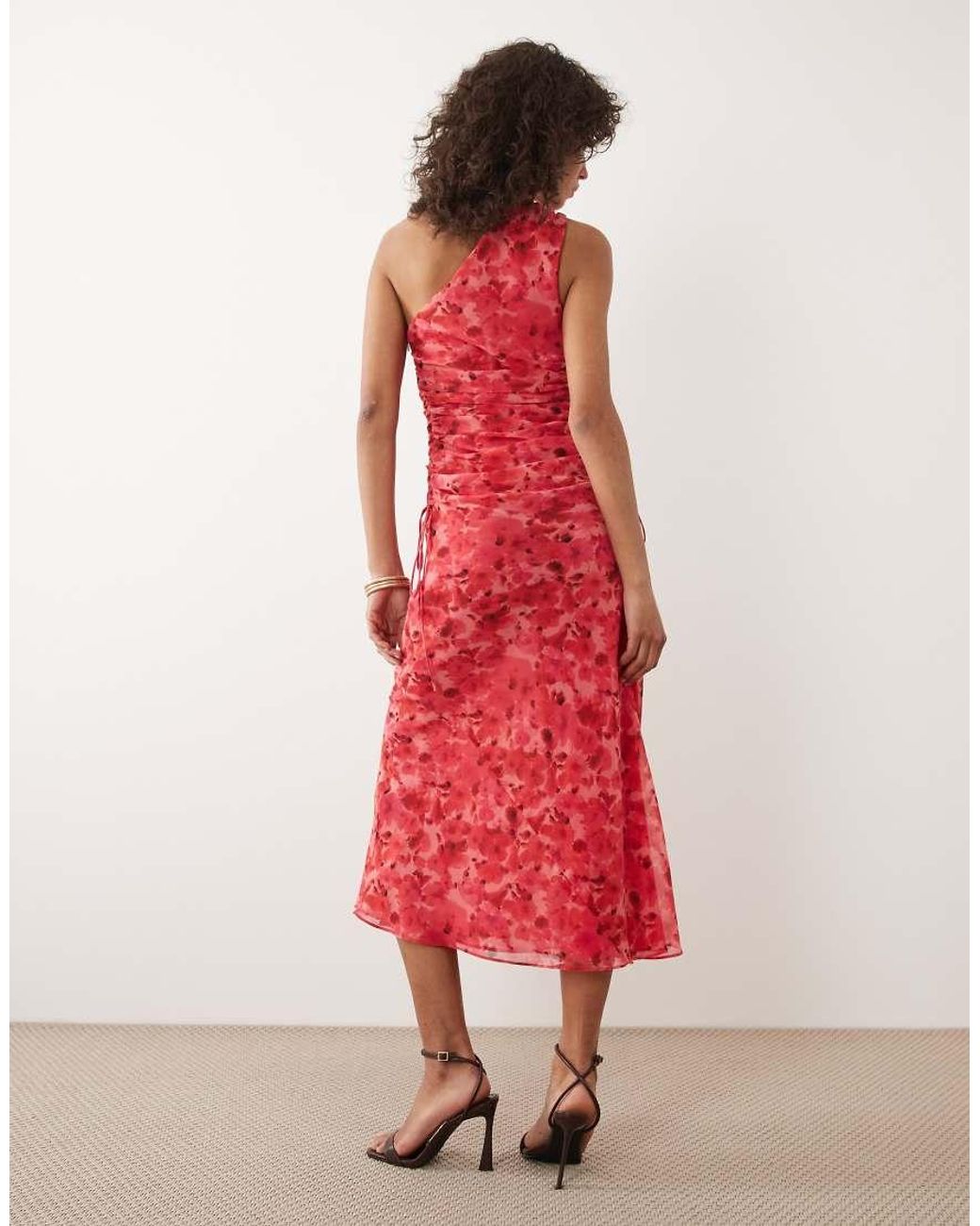 Mango Red One Shoulder Maxi Dress With Ruching Detail