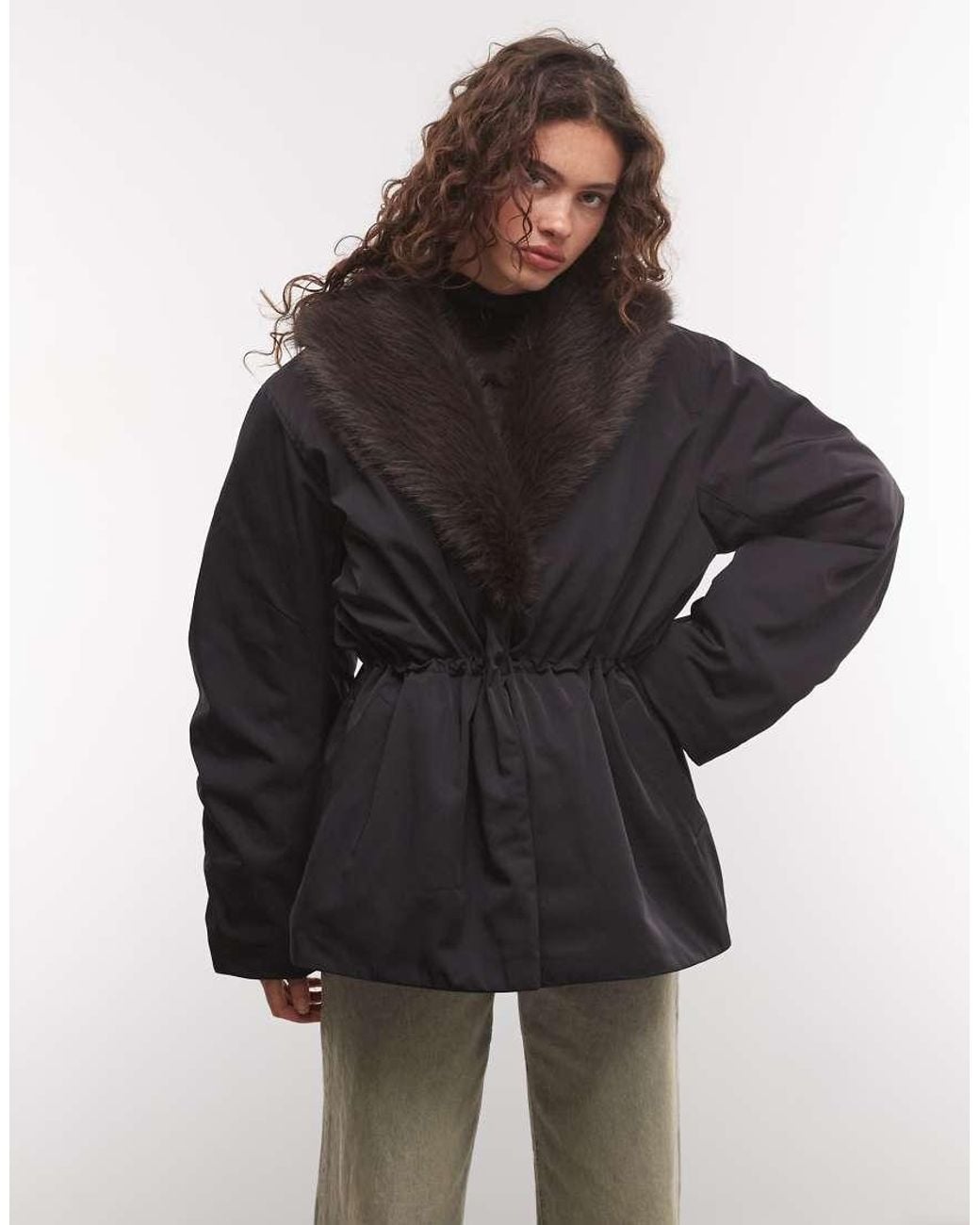 Monki Black Faux Fur Cinched Puffer Coat