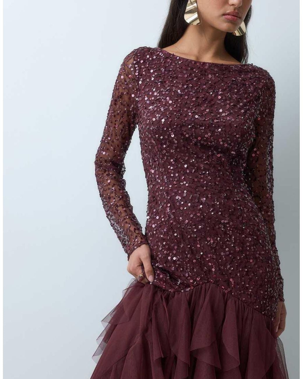 LACE & BEADS Red Embellished Round Neck Drop Waist Ruffle Skirt Maxi Dress