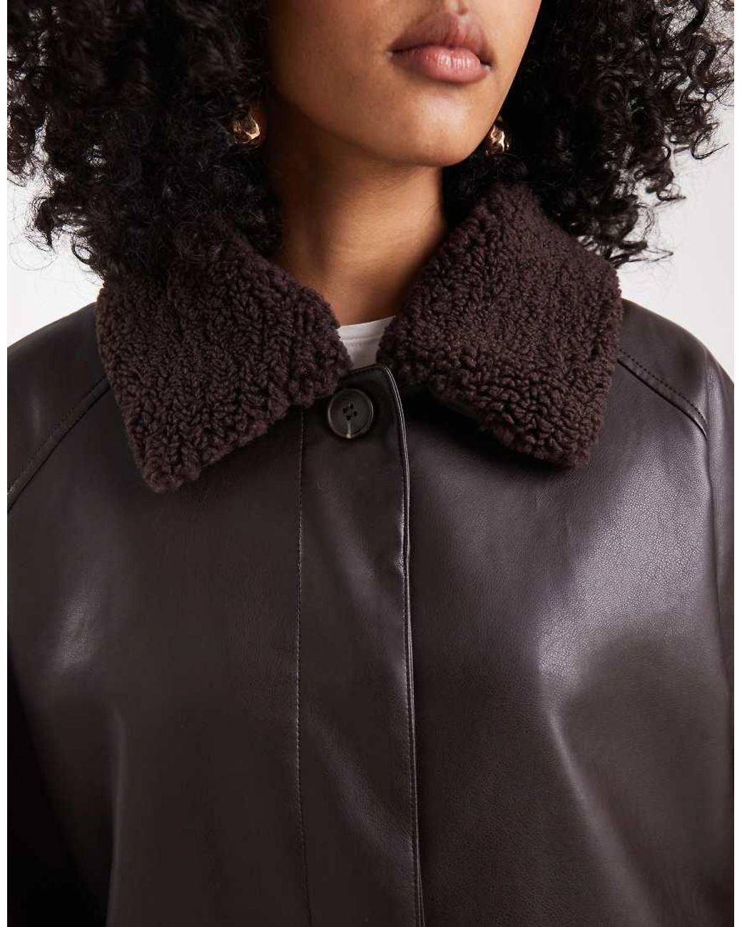 ASOS Black Leather Look Jacket With Borg Collar And Cinch Waist