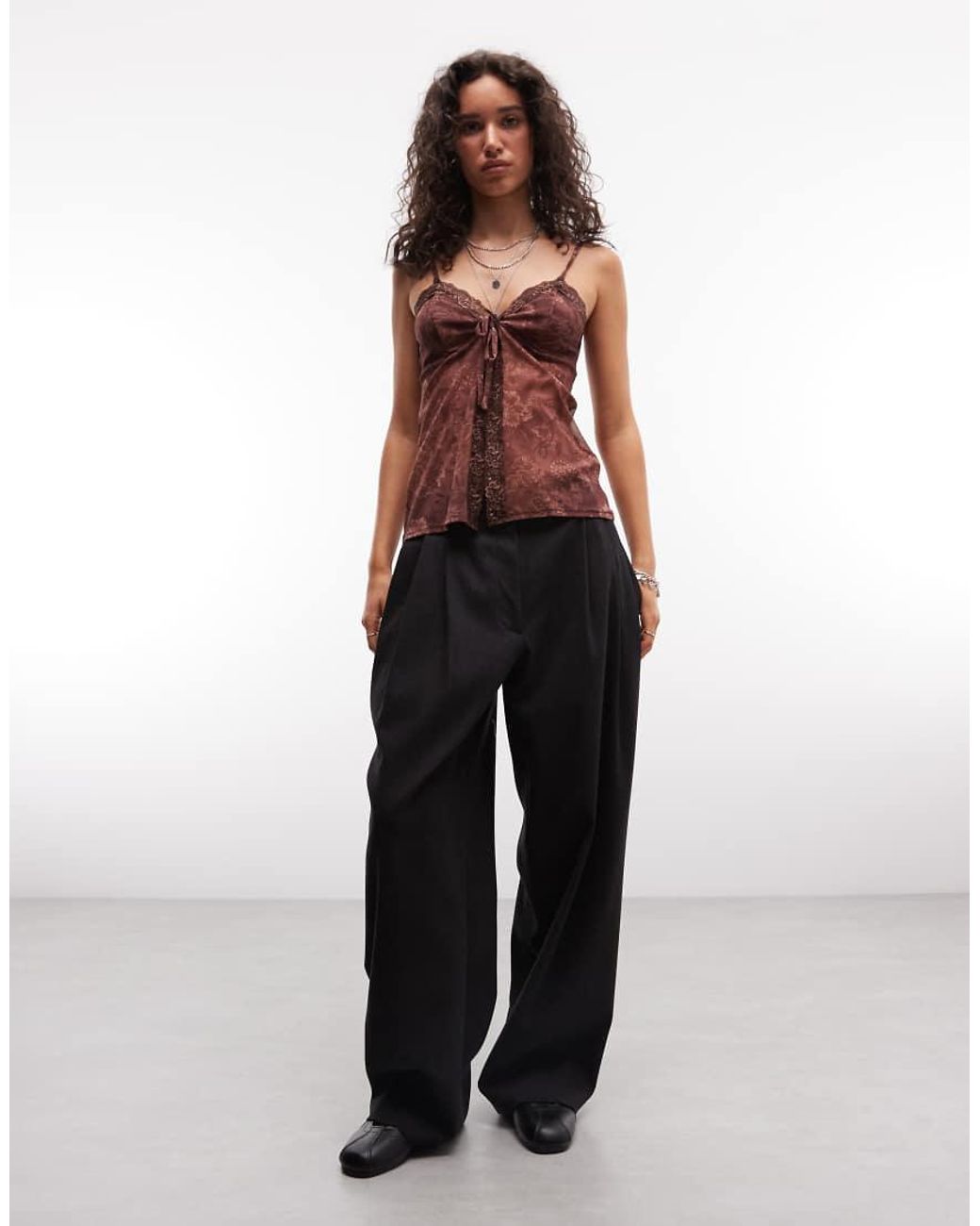 Reclaimed Vintage Multicolor Tie Front Printed Cami Top With Lace